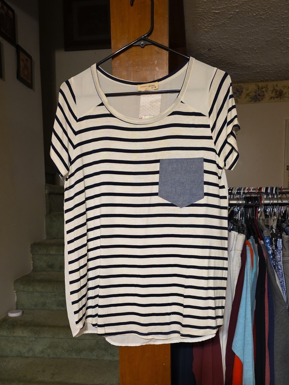 twenty second Cream and Navy Striped Pocket Tee